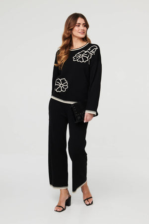 Black | Floral Trim Jumper & Trousers Co-Ord Set
