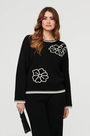 Black | Floral Trim Jumper & Trousers Co-Ord Set
