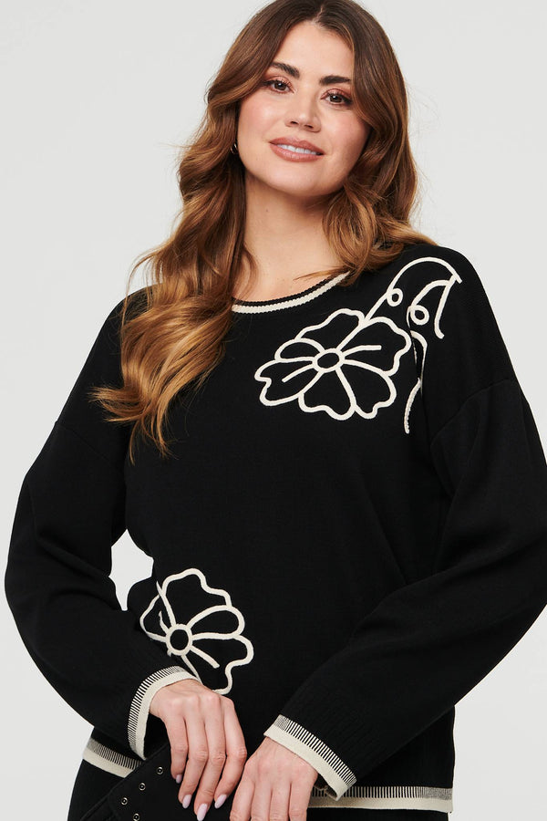 Black | Floral Trim Jumper & Trousers Co-Ord Set
