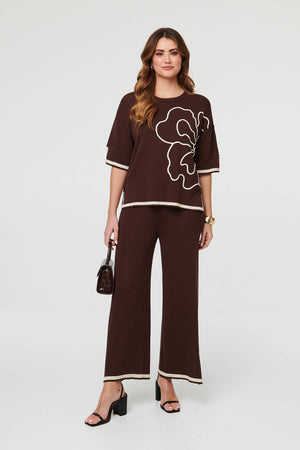 Brown | Floral Trim Top & Trousers Co-Ord Set : Model is 5'9