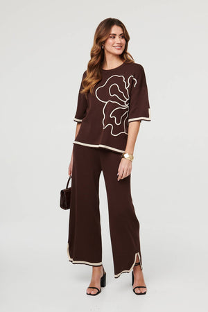 Brown | Floral Trim Top & Trousers Co-Ord Set
