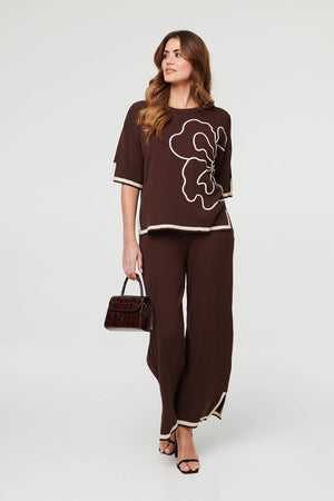 Brown | Floral Trim Top & Trousers Co-Ord Set
