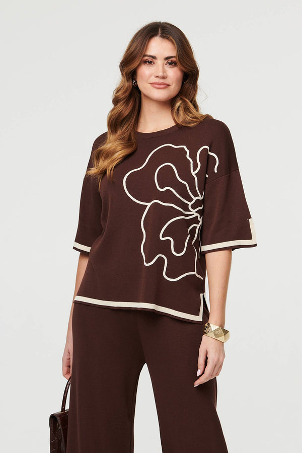 Brown | Floral Trim Top & Trousers Co-Ord Set
