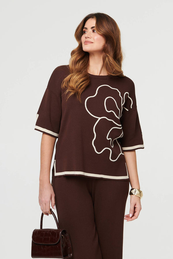 Brown | Floral Trim Top & Trousers Co-Ord Set
