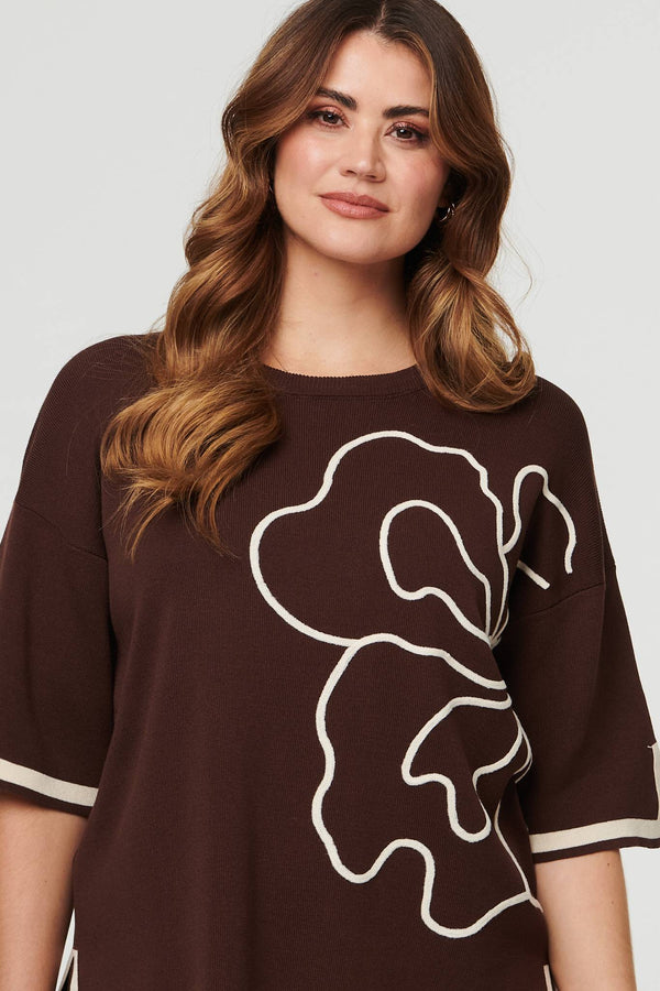 Brown | Floral Trim Top & Trousers Co-Ord Set
