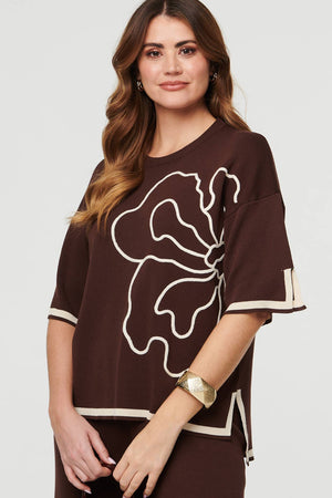 Brown | Floral Trim Top & Trousers Co-Ord Set
