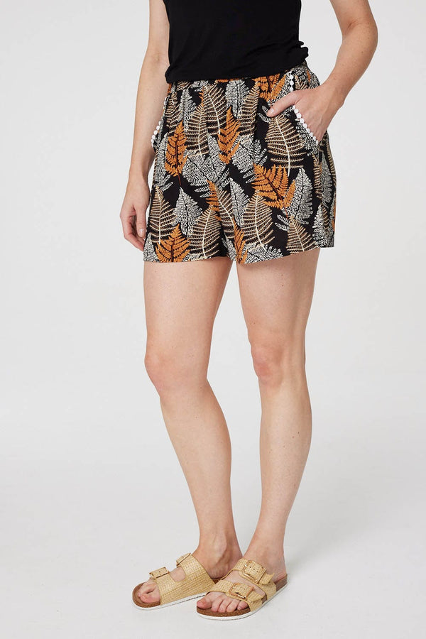 Black | Leaf Print High Waist Shorts