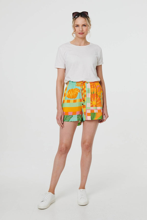 Orange | Patchwork Print Tie Waist Relaxed Shorts
