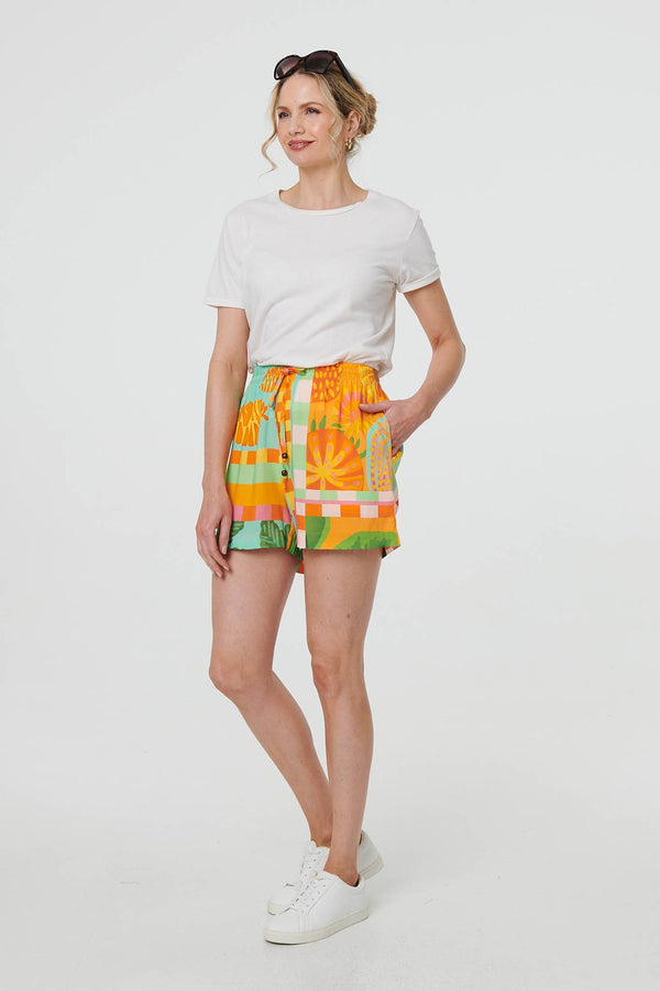 Orange | Patchwork Print Tie Waist Relaxed Shorts
