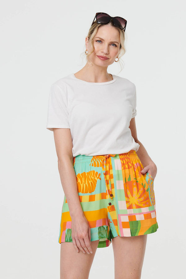 Orange | Patchwork Print Tie Waist Relaxed Shorts
