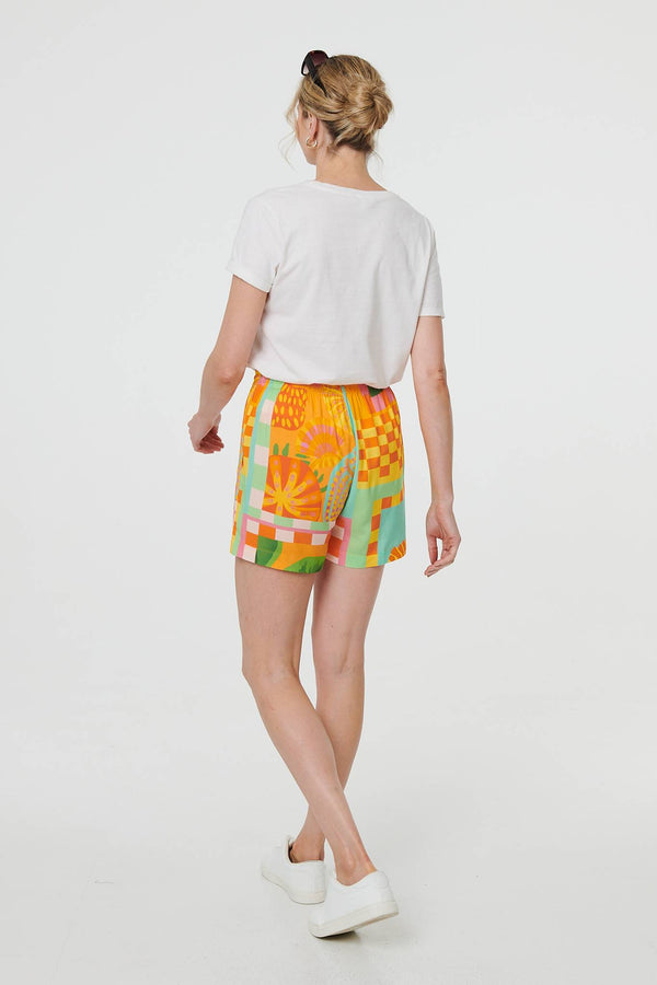 Orange | Patchwork Print Tie Waist Relaxed Shorts
