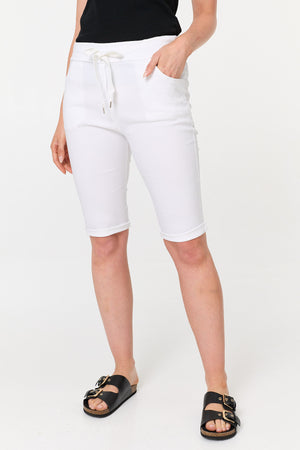 White | Tie Front Slim Knee Length Shorts