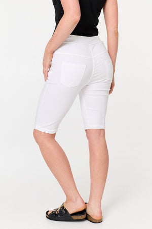White | Tie Front Slim Knee Length Shorts