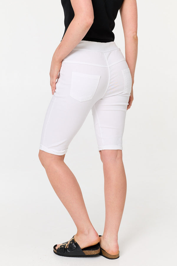 White | Tie Front Slim Knee Length Shorts