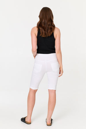 White | Tie Front Slim Knee Length Shorts