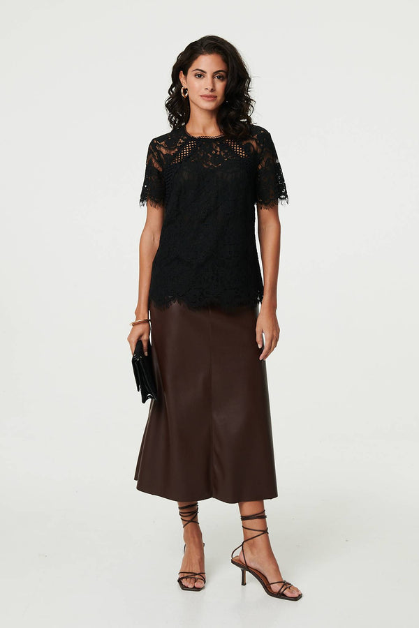 Black | Lace Overlay Short Sleeve Blouse
