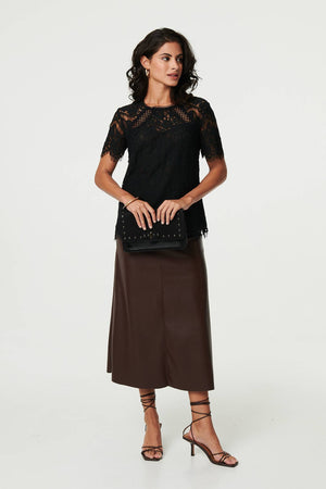 Black | Lace Overlay Short Sleeve Blouse
