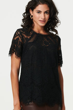 Black | Lace Overlay Short Sleeve Blouse
