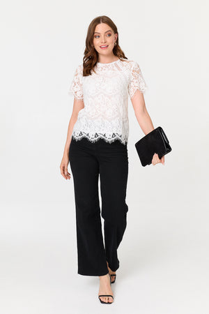 White | Lace Overlay Short Sleeve Blouse