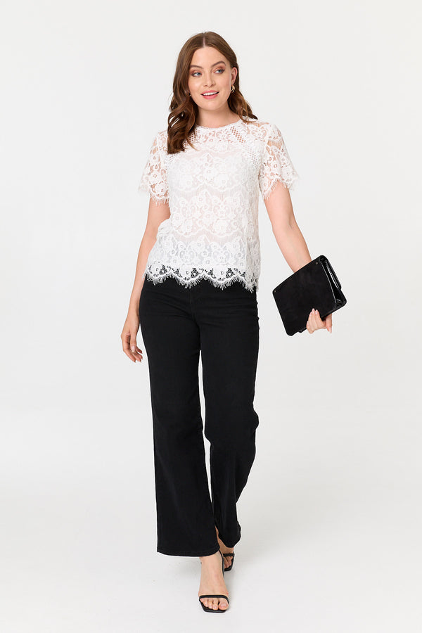 White | Lace Overlay Short Sleeve Blouse