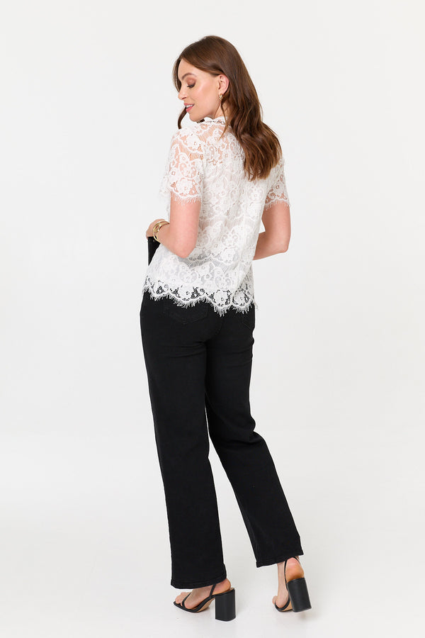 White | Lace Overlay Short Sleeve Blouse