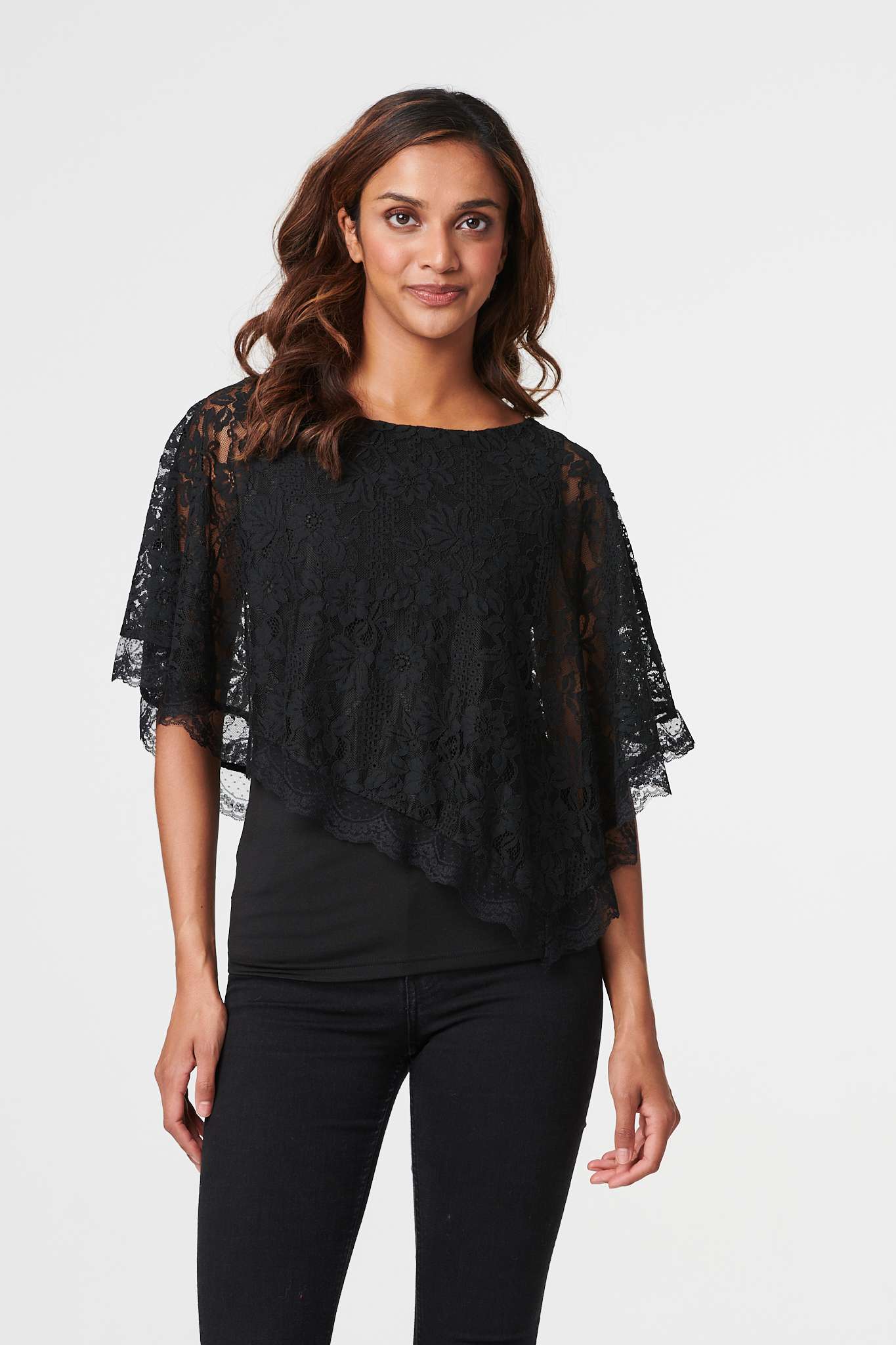Black | Lace Overlay 1/2 Sleeve Top