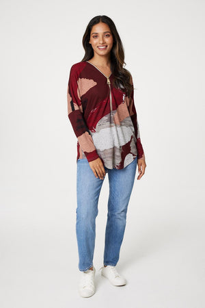Red | Brushstroke Print Zip Neck Top