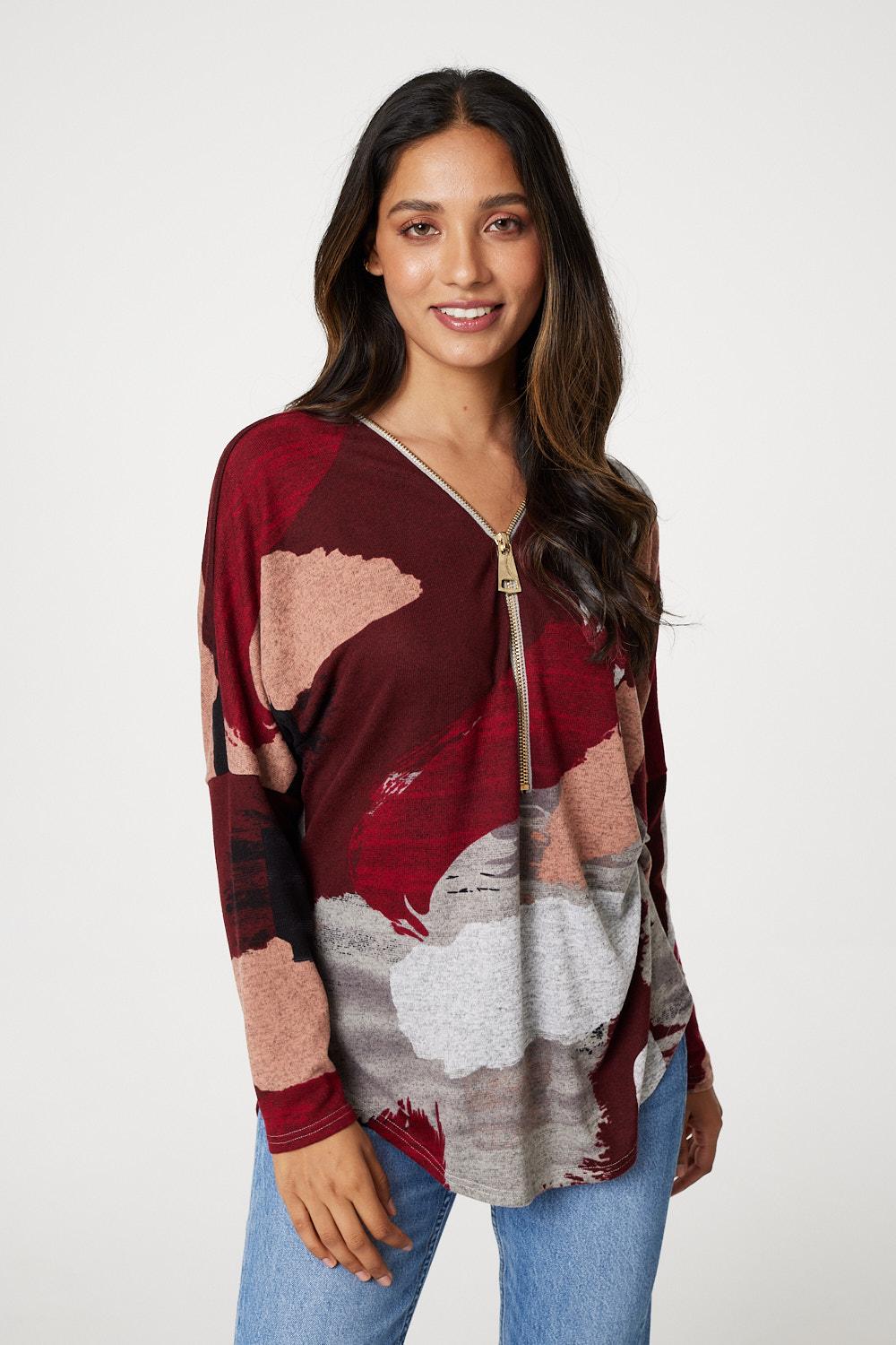 Red | Brushstroke Print Zip Neck Top