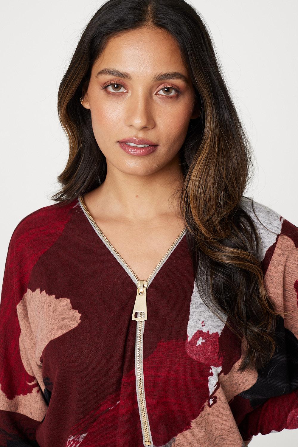 Red | Brushstroke Print Zip Neck Top