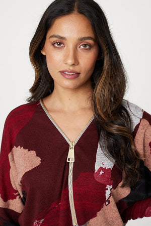 Red | Brushstroke Print Zip Neck Top