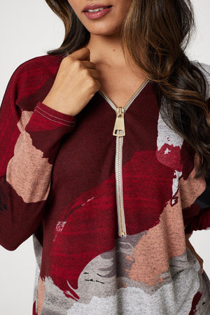 Red | Brushstroke Print Zip Neck Top