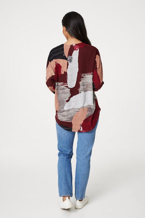Red | Brushstroke Print Zip Neck Top