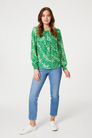 Green | Floral Ruched Front Blouse