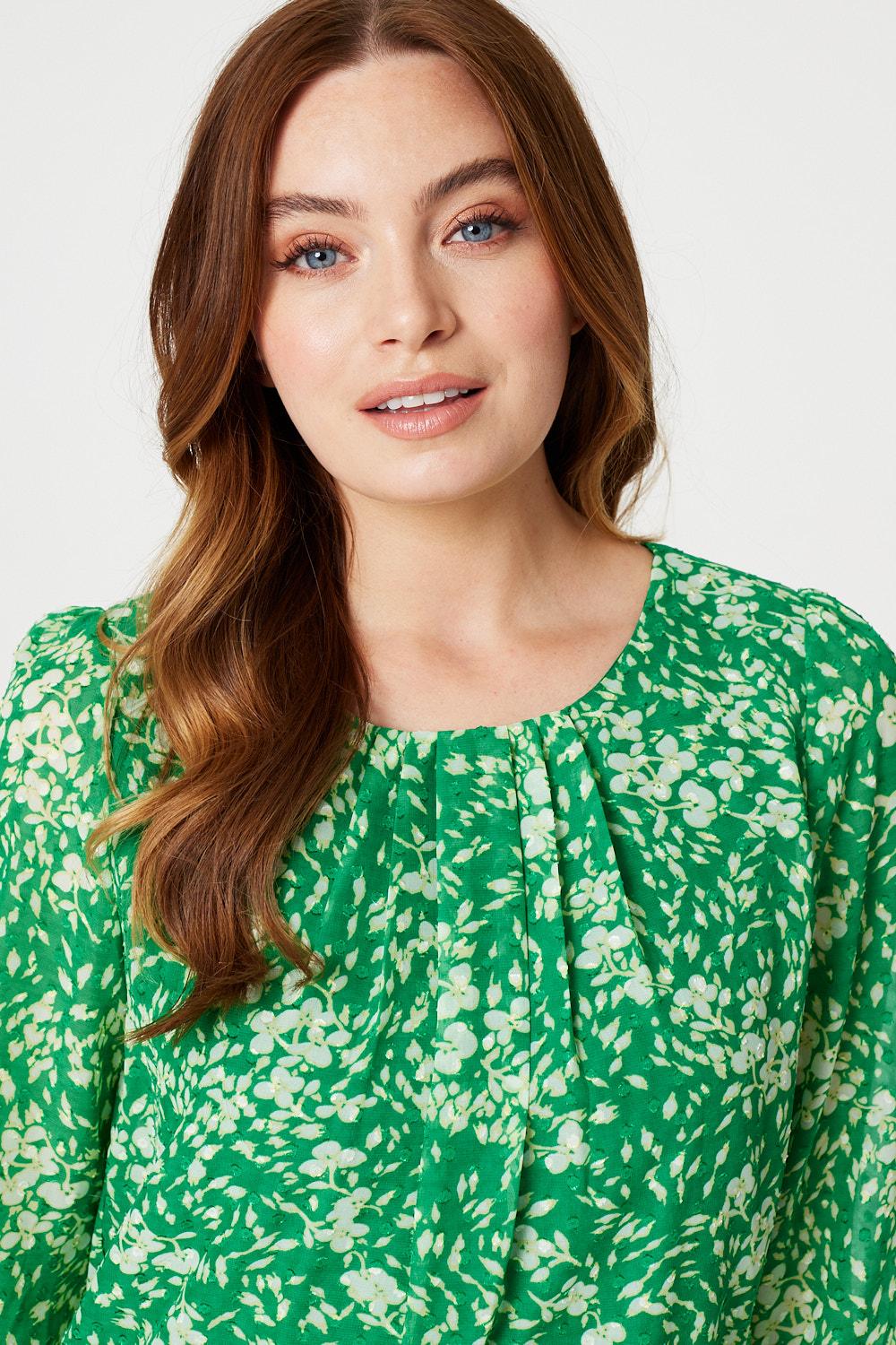 Green | Floral Ruched Front Blouse
