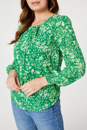 Green | Floral Ruched Front Blouse