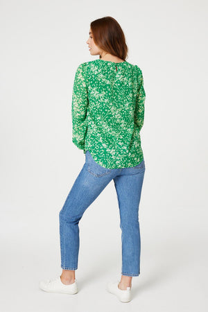 Green | Floral Ruched Front Blouse
