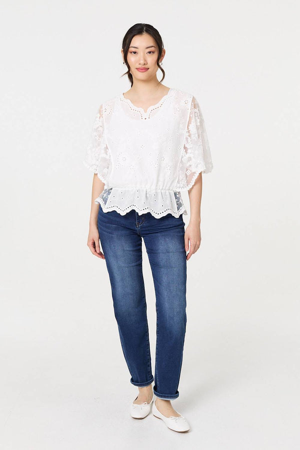 White | Broderie Anglaise Semi Sheer Peplum Top

