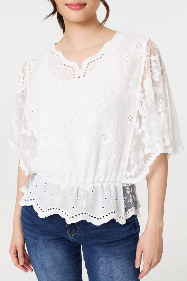 White | Broderie Anglaise Semi Sheer Peplum Top
