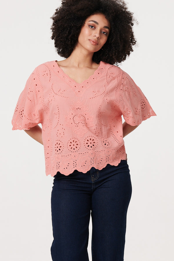 Pink | Broderie Anglaise Angel Sleeve Blouse
