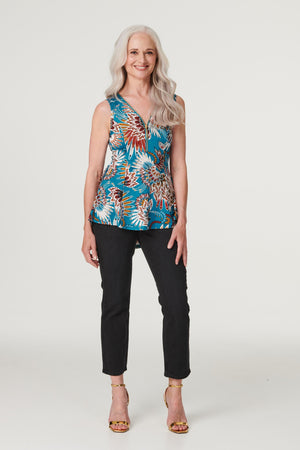 Teal | Peacock Print Zip Detail Top