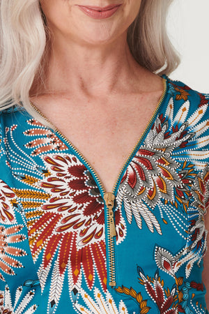Teal | Peacock Print Zip Detail Top