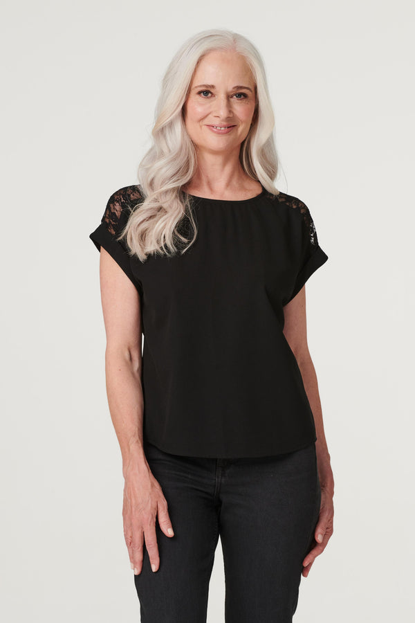 Black | Lace Shoulder Short Sleeve Top