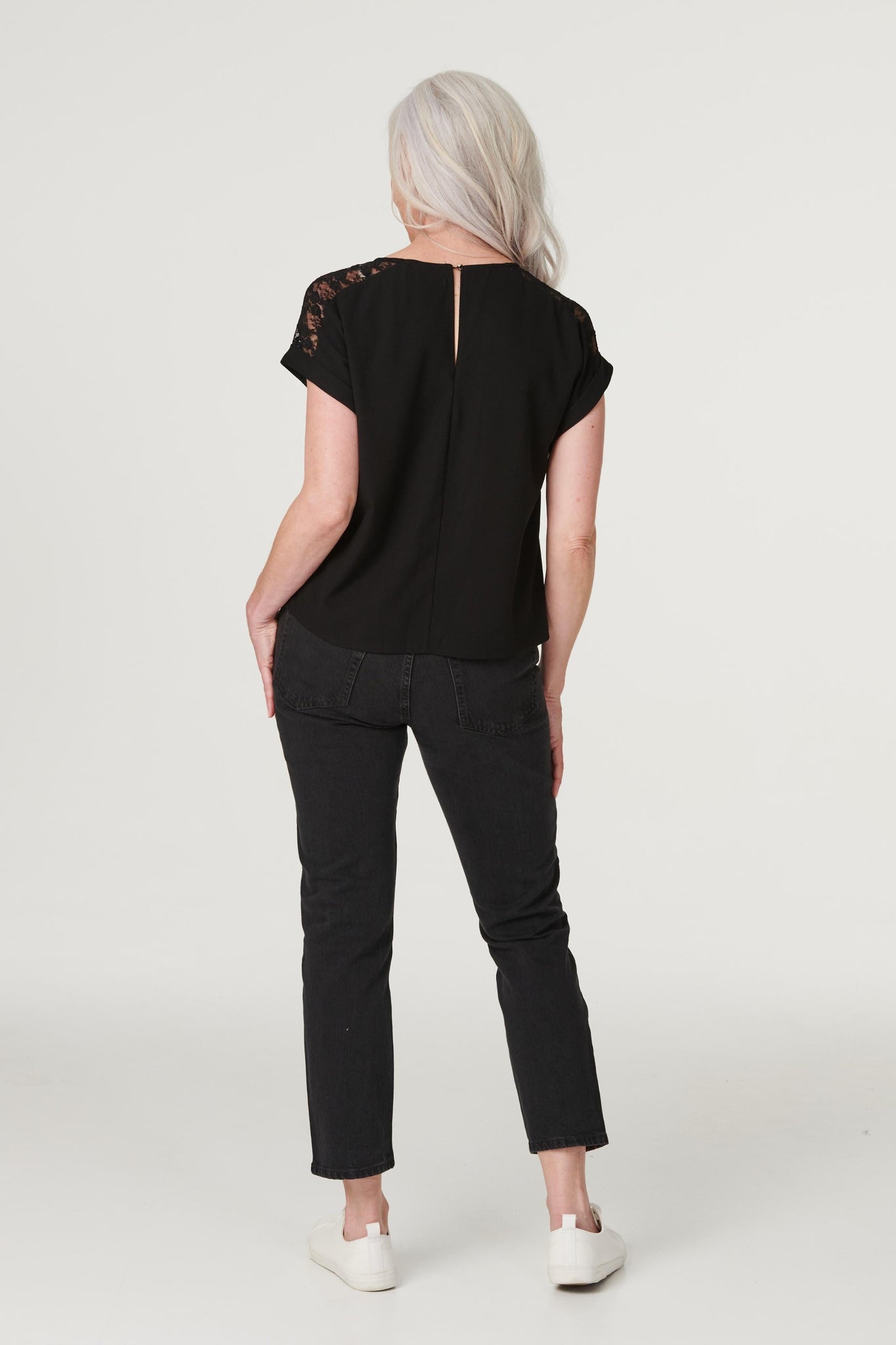 Black | Lace Shoulder Short Sleeve Top