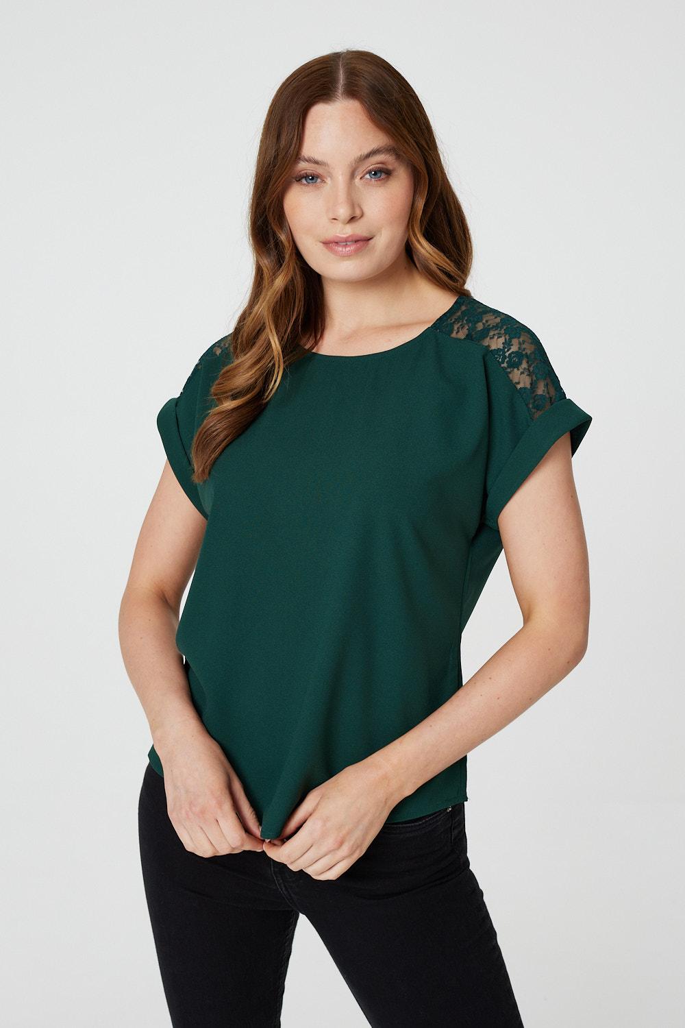 Green | Lace Shoulder Short Sleeve Top