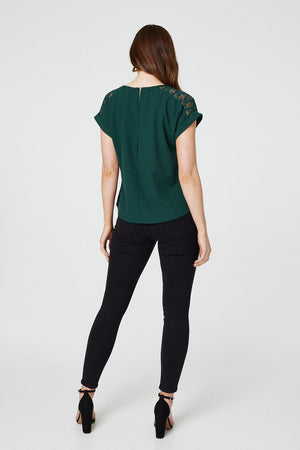 Green | Lace Shoulder Short Sleeve Top