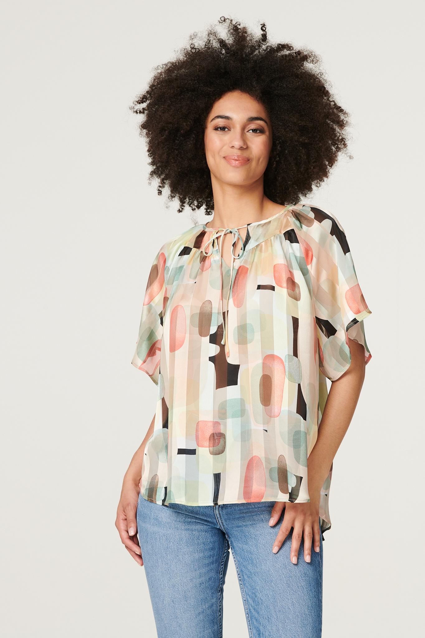 Green | Printed Tie Neck Blouse Top
