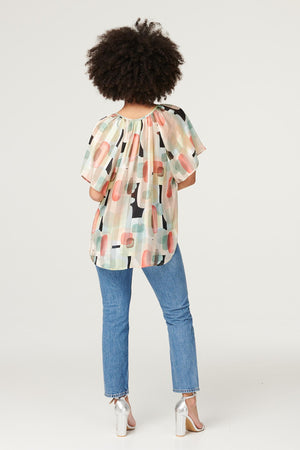 Green | Printed Tie Neck Blouse Top