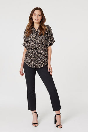 Beige | Printed Tie Waist Blouse Top