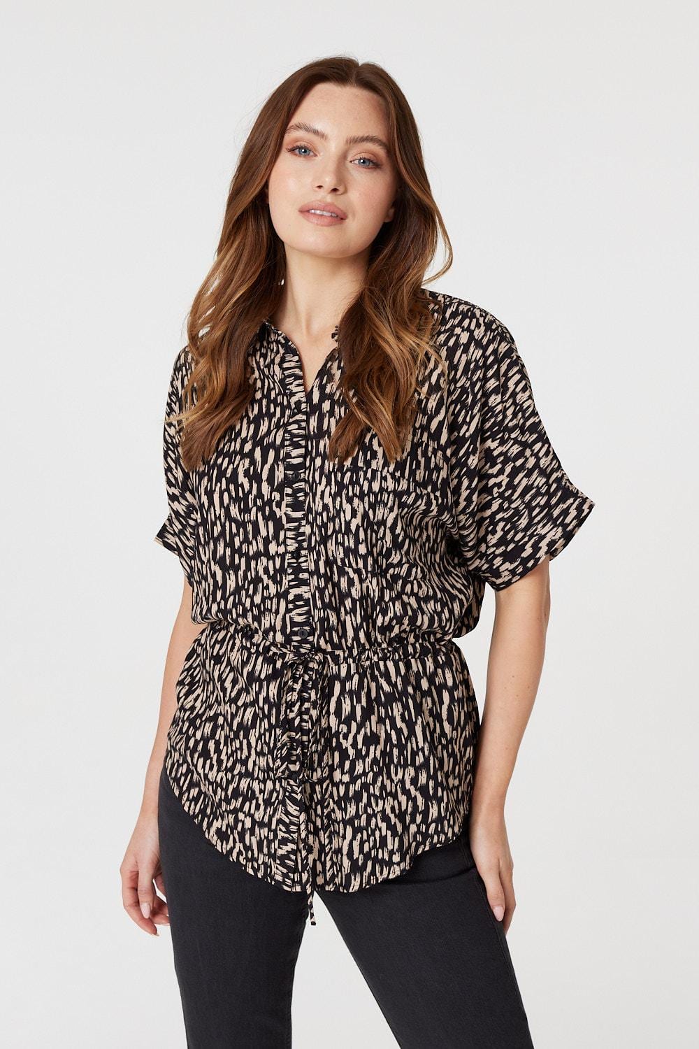 Beige | Printed Tie Waist Blouse Top