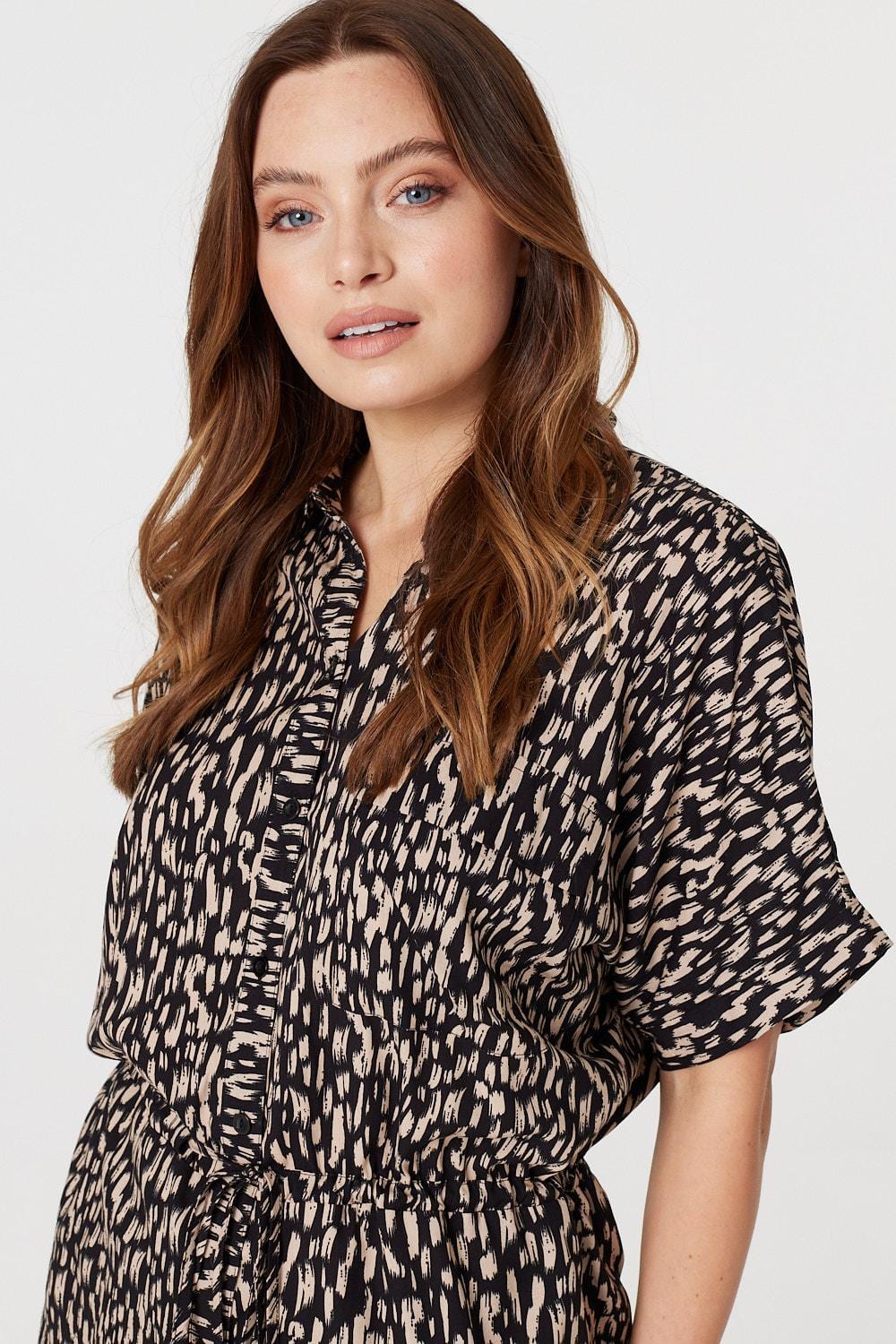Beige | Printed Tie Waist Blouse Top